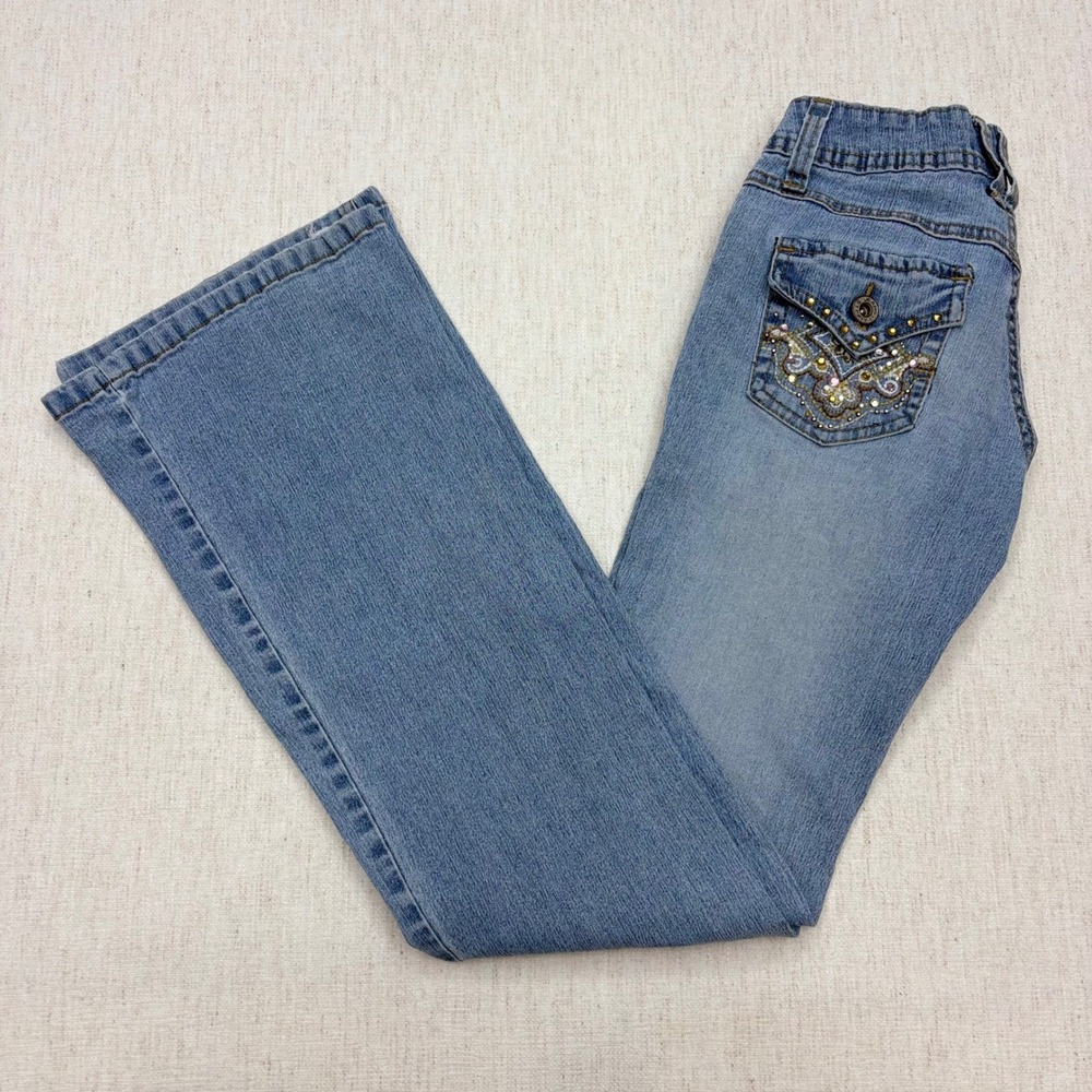 Angels Jeans Womens Y2K Size 0 Light Wash Low Rise Flare Rhinestones 55% Ramie